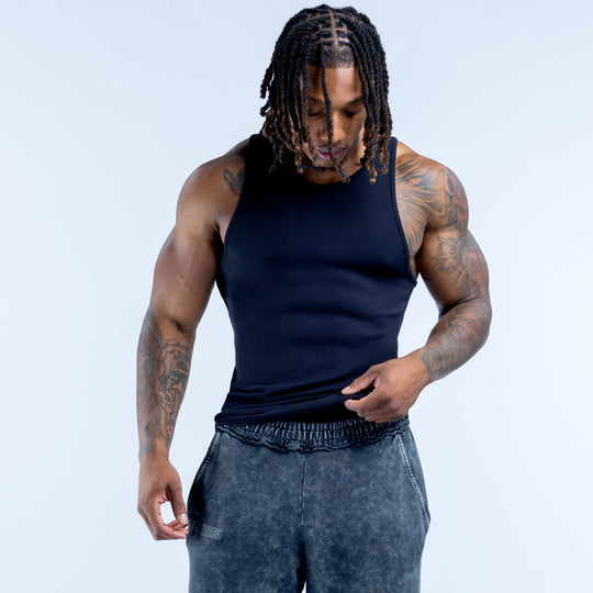 Navy ribbed sleeveless vest with slim fit and crew neckline