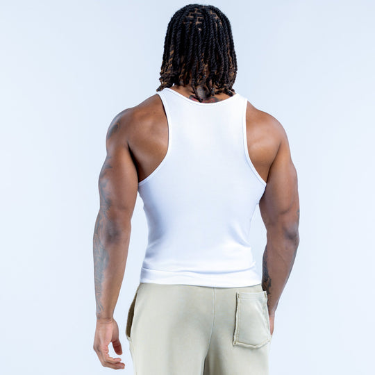 White ribbed racerback tank top, back view