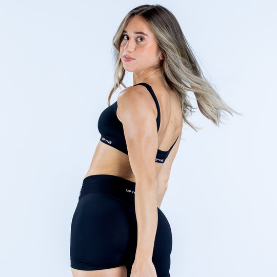 Scoop back sports bra with racerback straps and scooped back, dark fabric