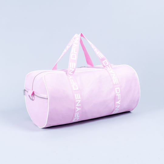 Light pink duffle bag with zip closure, structured end, and logo-trim carry handles.