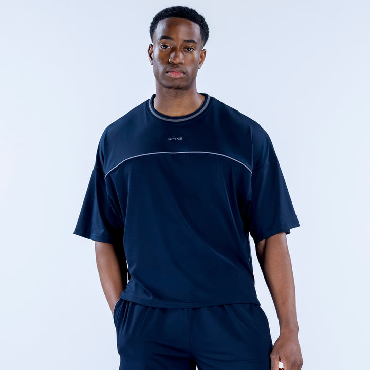 Navy crew-neck jersey with short sleeves and white logo panel detail