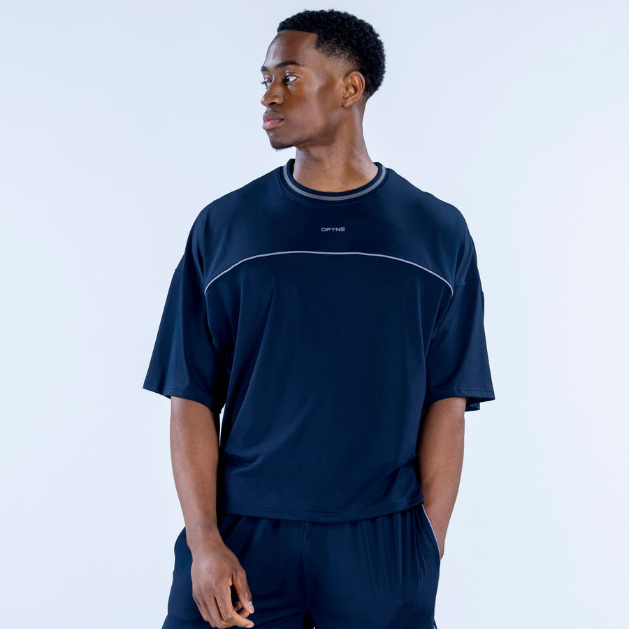 Navy crew-neck jersey with short sleeves and small chest logo embroidery