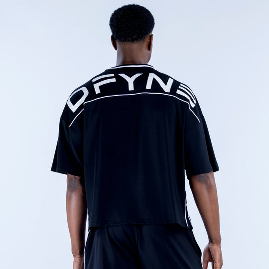 Black jersey with large back YN-style print and white trim around shoulders