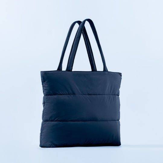 Navy padded puffer tote bag with double top handles