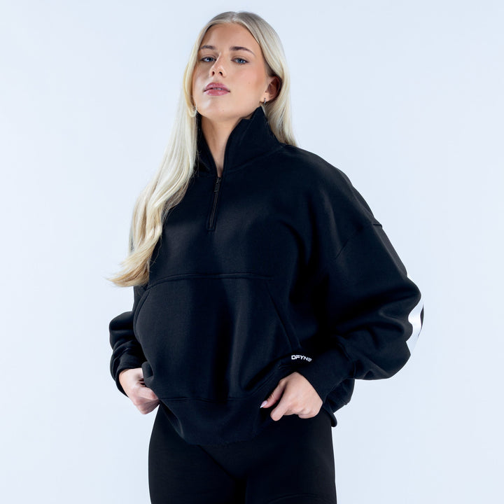 Black quarter-zip sweatshirt with kangaroo pocket and small chest logo
