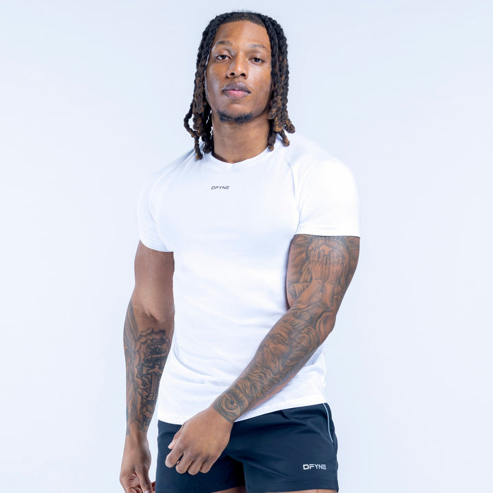White crew-neck short-sleeve t-shirt with small chest logo