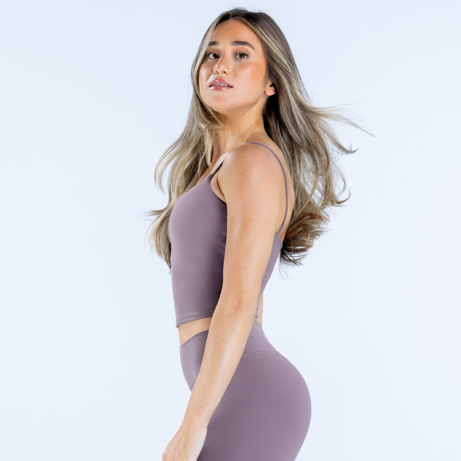 Mauve strappy tank top with square neckline and slim adjustable straps