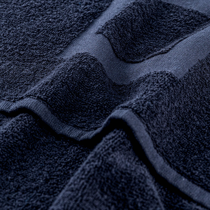 Navy gym towel close-up: textured loops and stitched edge