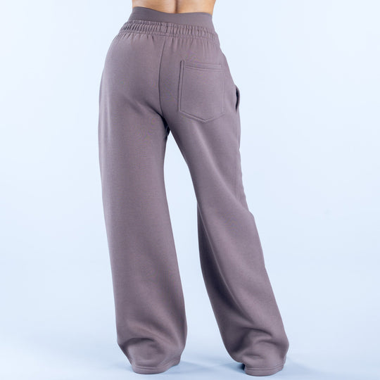 Taupe wide-leg joggers with elastic waist and patch pockets