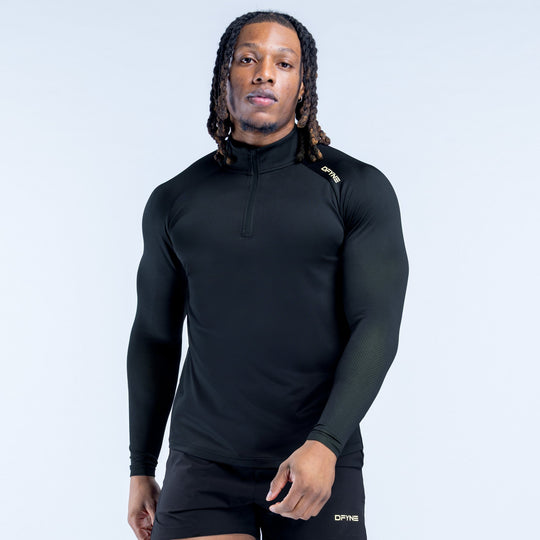 Black quarter-zip athletic top with front zip and side logo