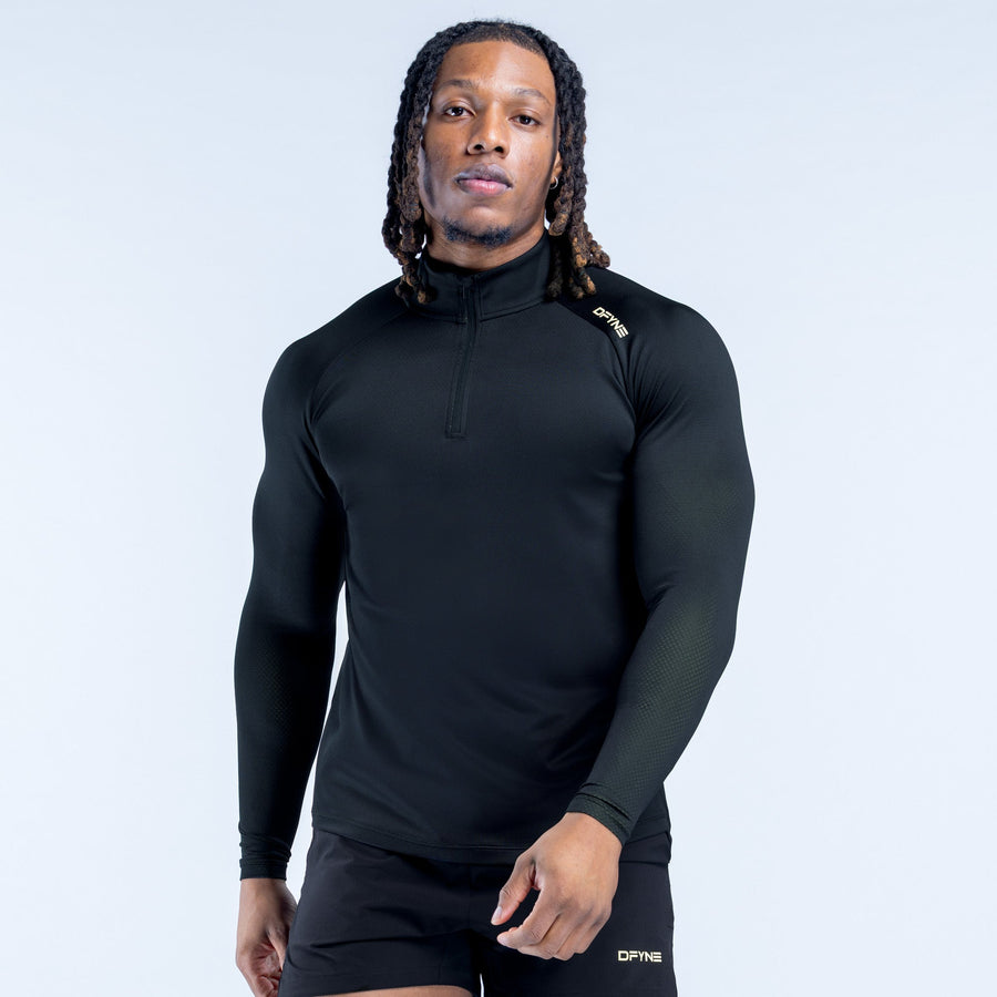 Black quarter-zip athletic top with front zip and side logo