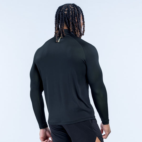 Black quarter-zip athletic top, back view with long sleeves and rear logo