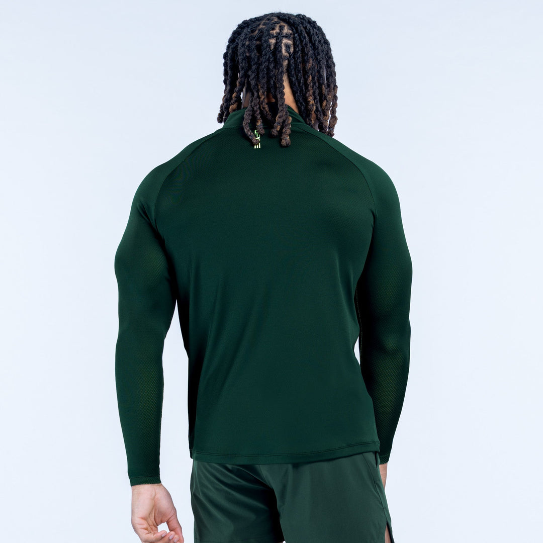 Dark green quarter-zip pullover, back view with long sleeves and zip collar