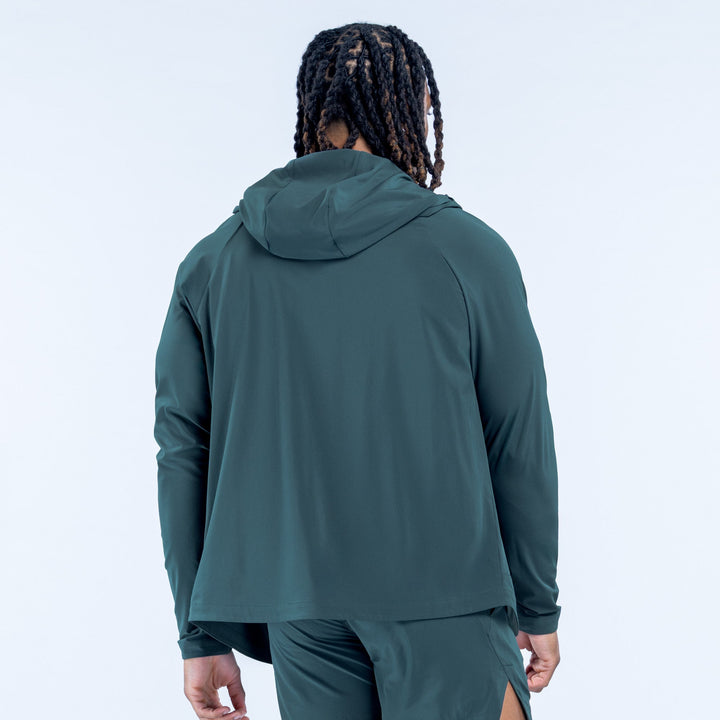 Dark green hooded zip jacket, rear view with adjustable hood