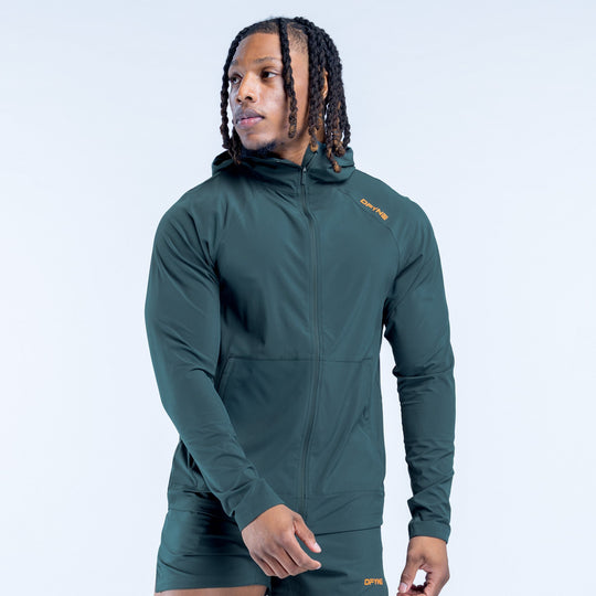 Dark green hooded zip jacket with chest logo and zip pockets