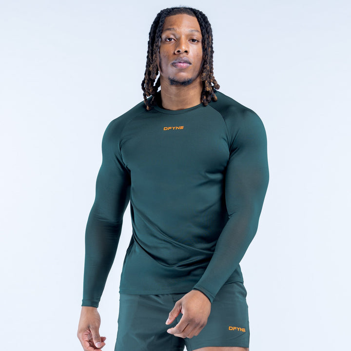 Long-sleeve training t-shirt, dark teal green, crew neck, small chest logo