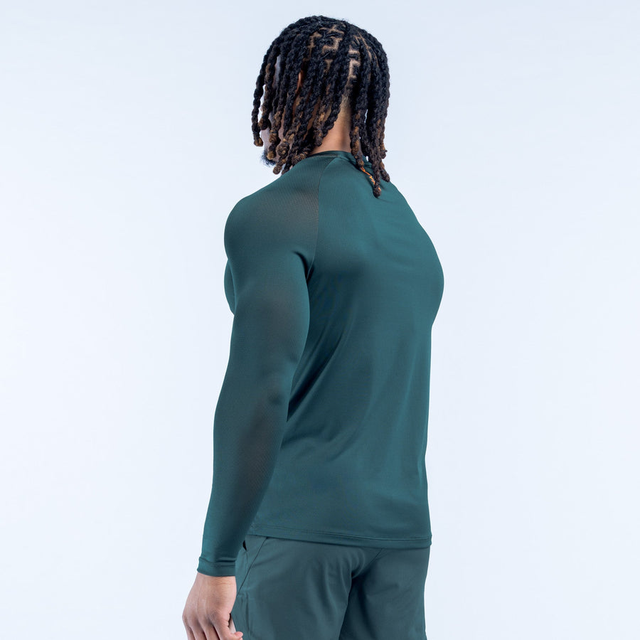 Long-sleeve training t-shirt, dark teal green, side profile, fitted athletic cut