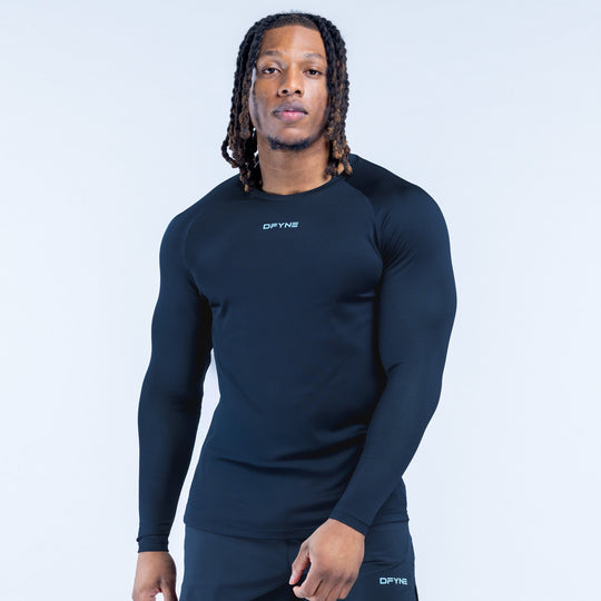 Men's long-sleeve training t-shirt, dark navy, crew neck with small chest logo