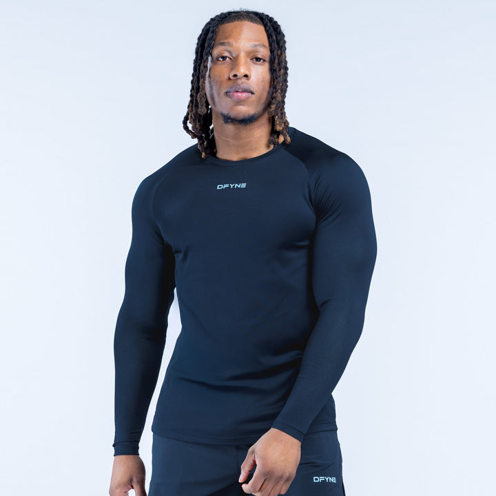 Men's long-sleeve training t-shirt, dark navy, crew neck with small chest logo