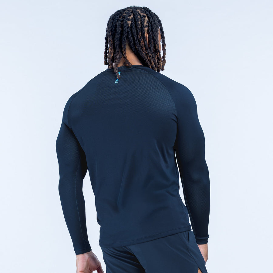 Men's long-sleeve training t-shirt, dark navy, crew neck, plain back with logo
