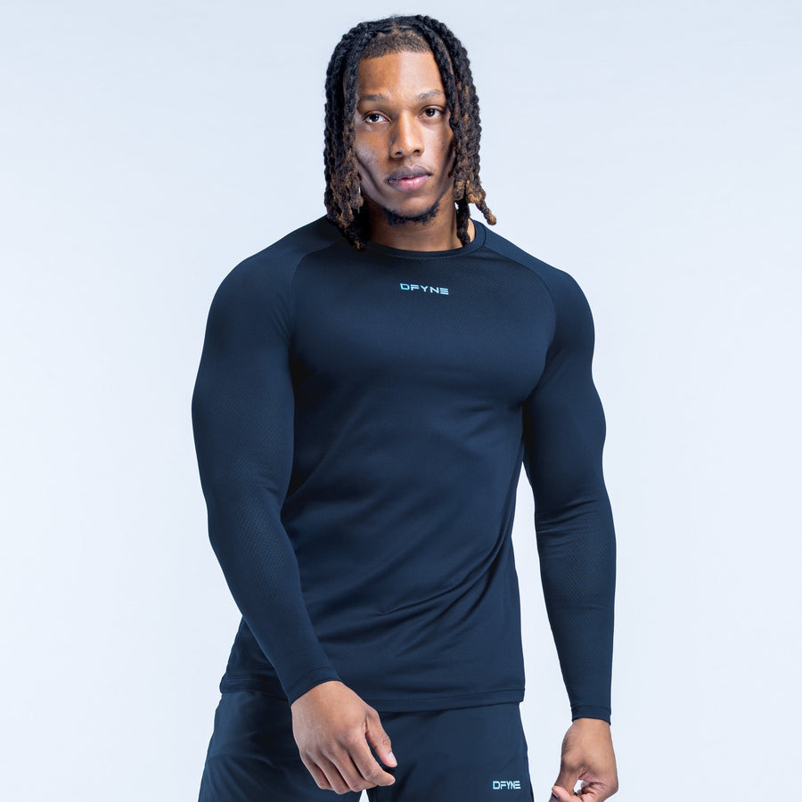 Men's long-sleeve training t-shirt, dark navy, chest and sleeve logos, fitted fit