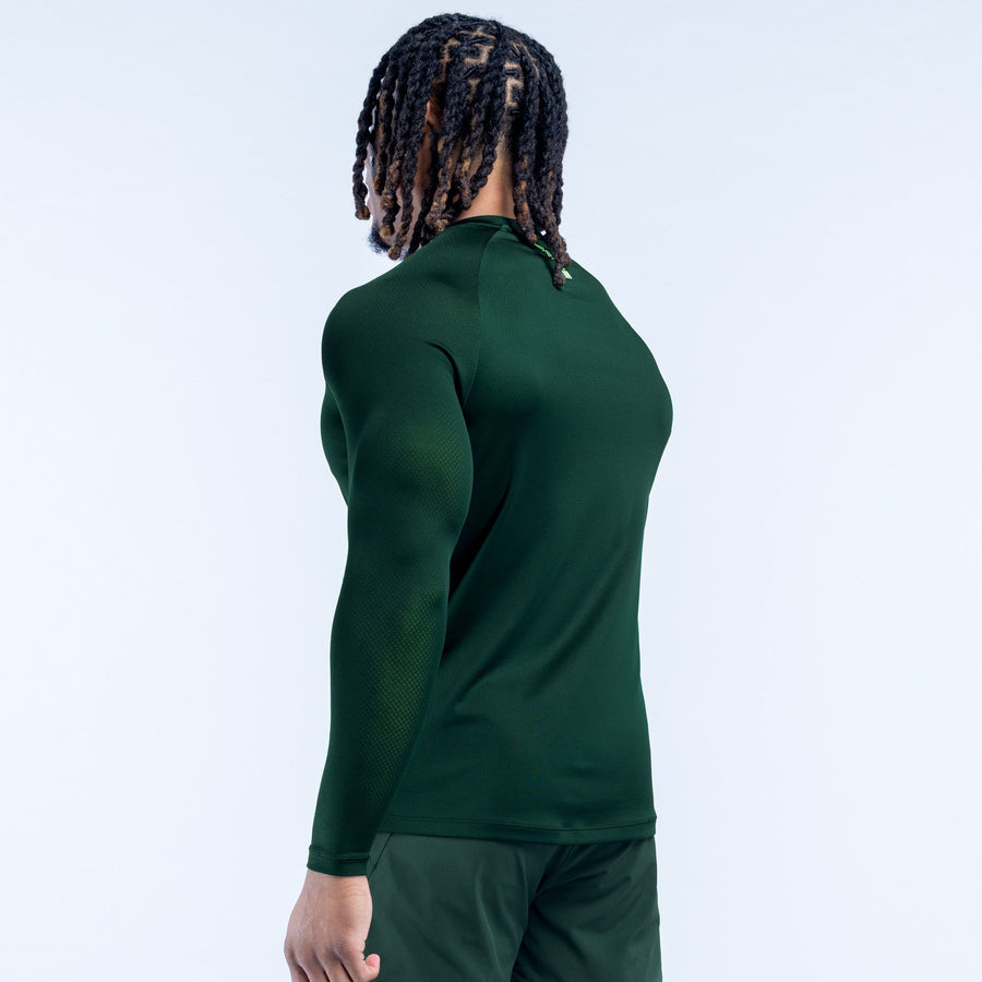 Men's long-sleeve training T-shirt in dark green, back view, crew neck, slim fit