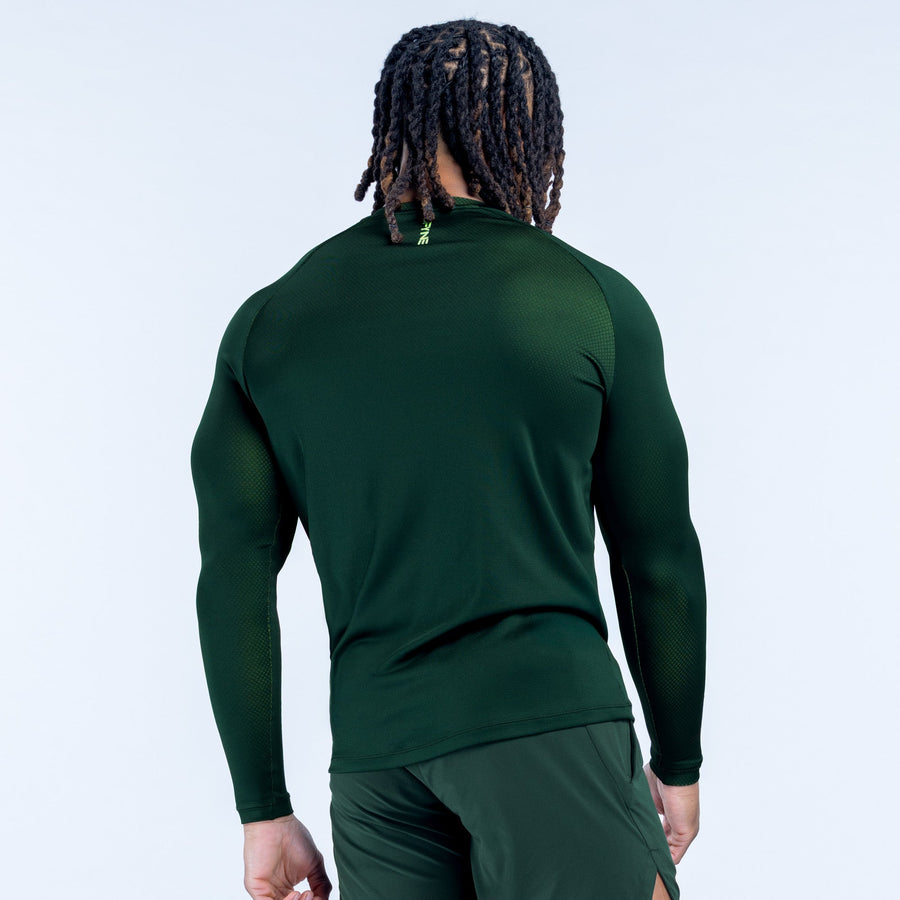 Men's long-sleeve training T-shirt in dark green, back view, logo at lower back