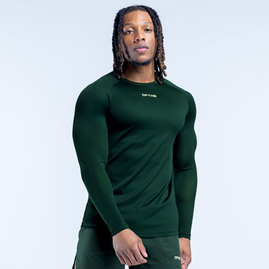 Men's long-sleeve training T-shirt in dark green, crew neck, slim fit, small chest logo