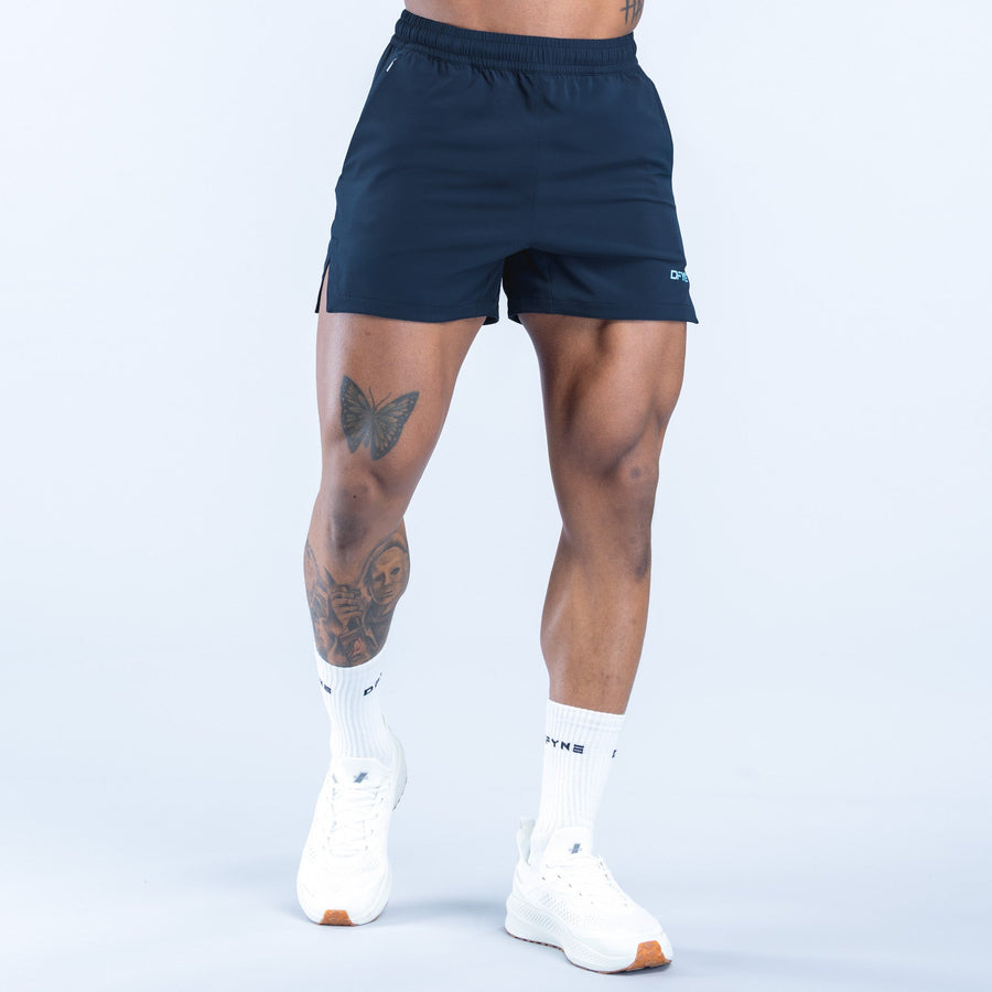 Navy training shorts with elastic waistband and side pocket, front view