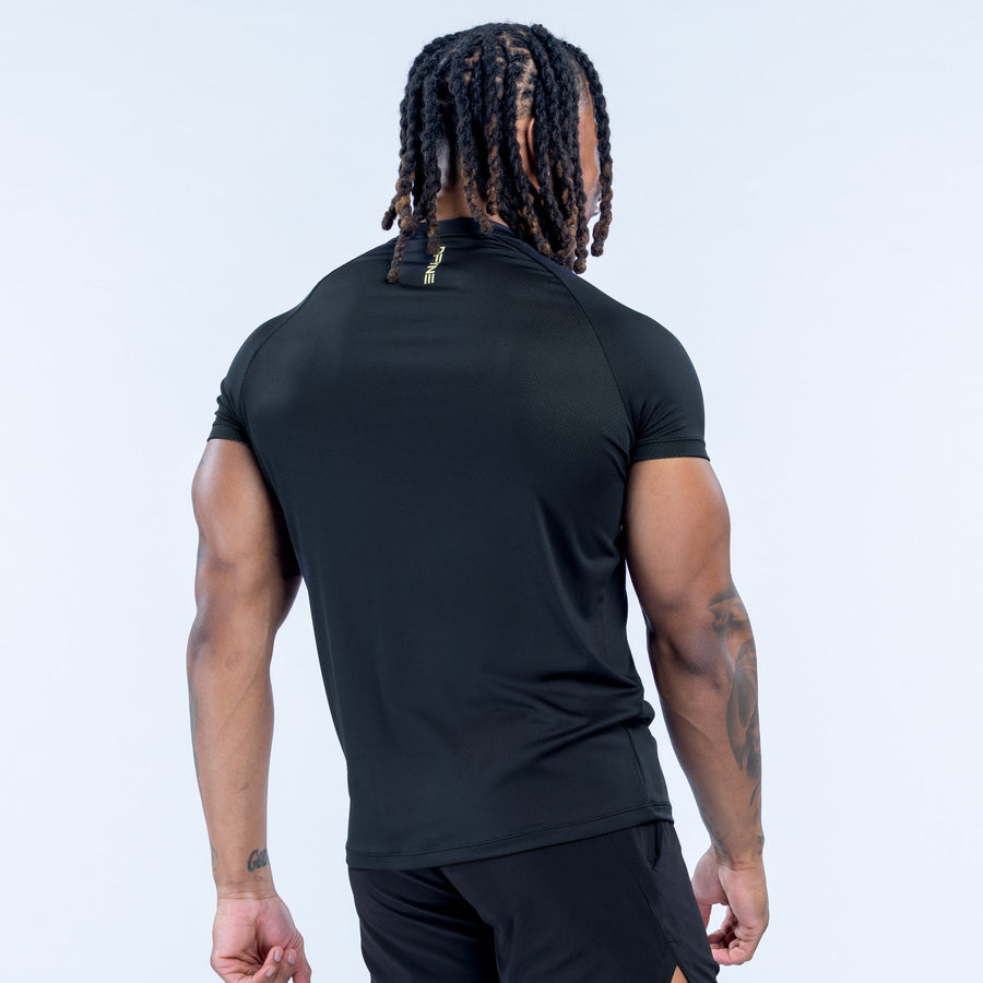 Black training T-shirt back view with crew neck and short sleeves, small logo