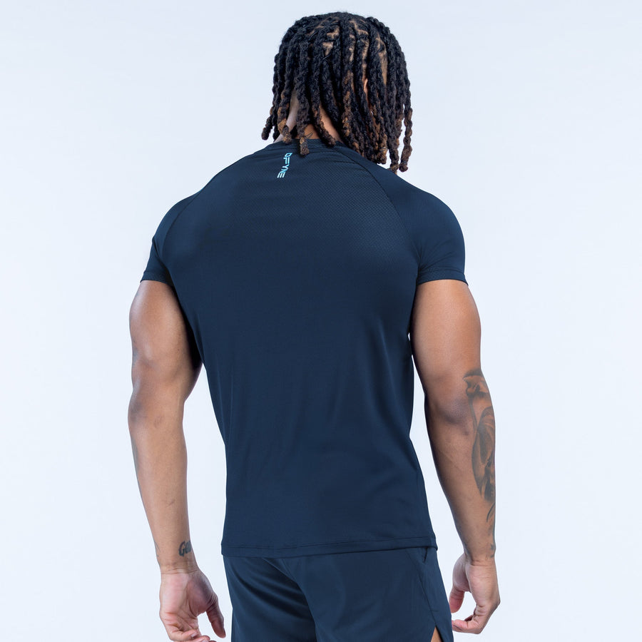 Men's training T-shirt back view in dark navy with small logo at upper back