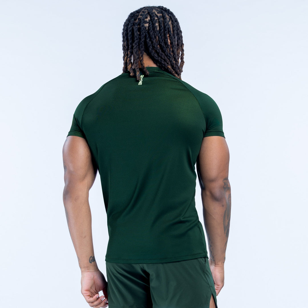 Dark green training t-shirt, back view with small collar logo
