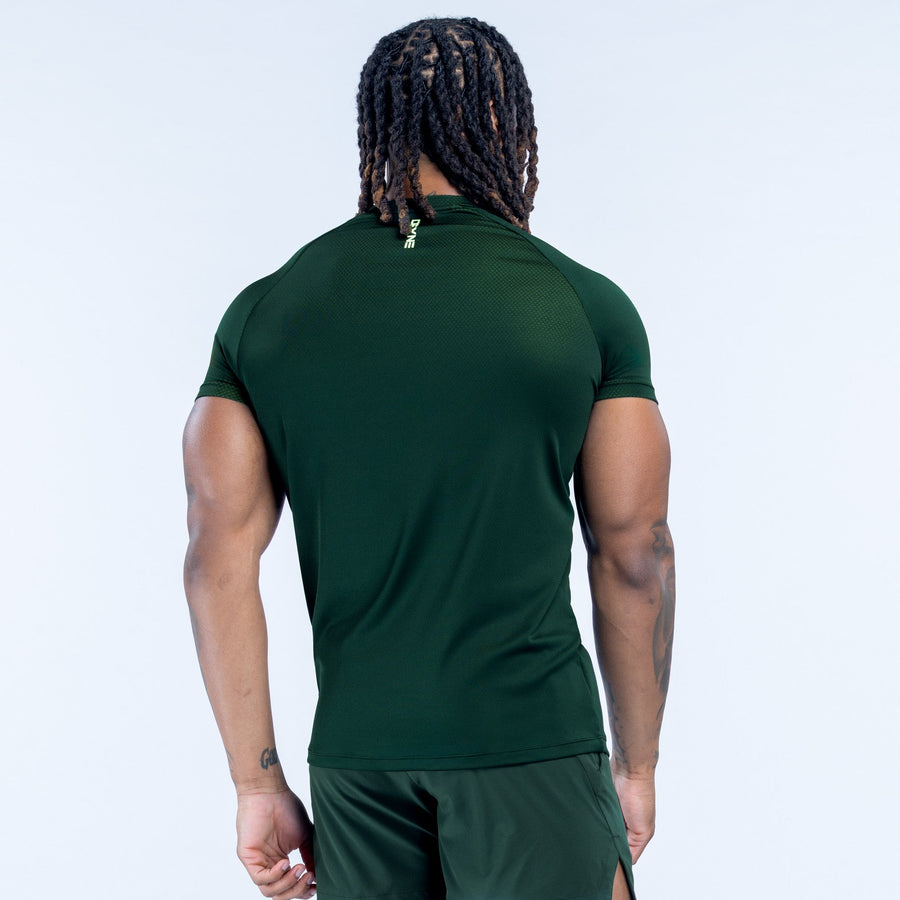 Dark green training t-shirt, back view with small collar logo