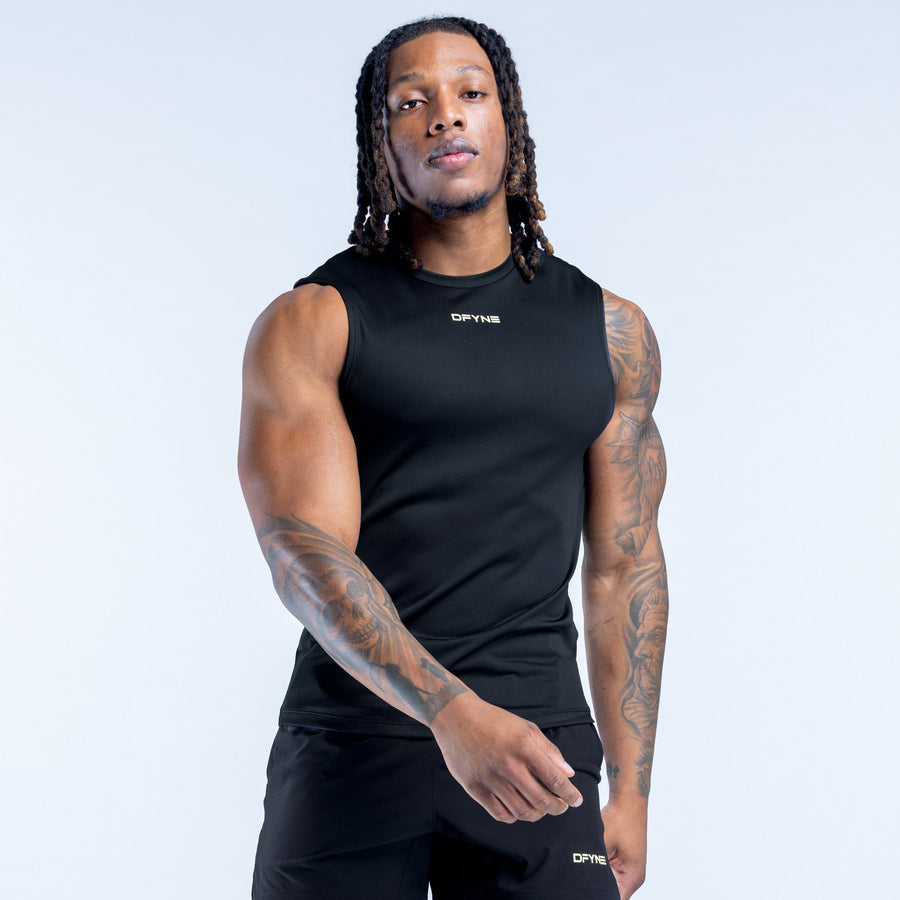 Black sleeveless tank top with crew neck and center chest logo, side view
