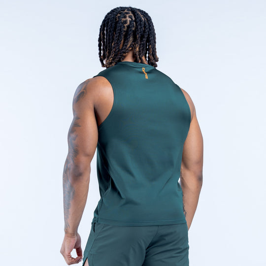 Unbound tank with racerback straps; deep green back panel