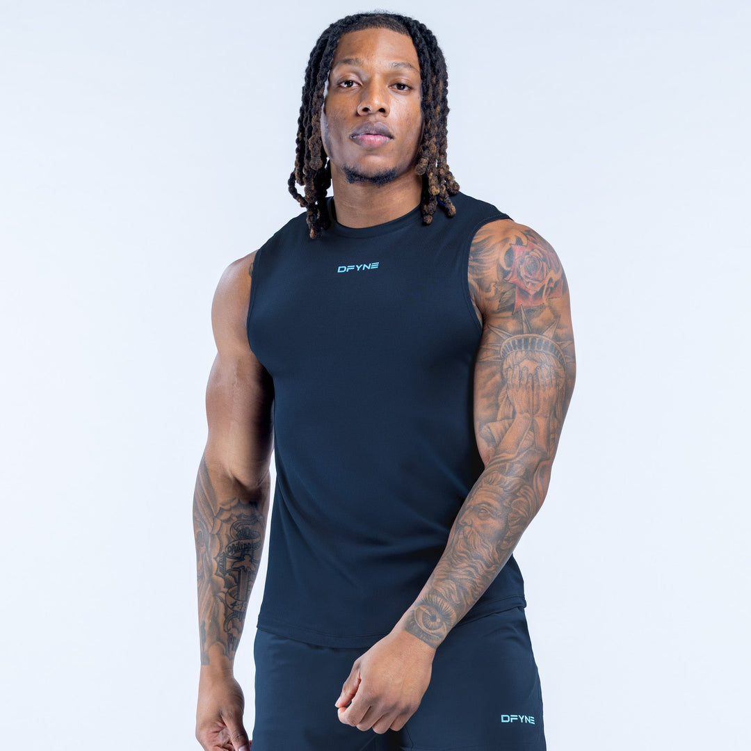 Dark navy sleeveless tank top, front view with DRYNE logo