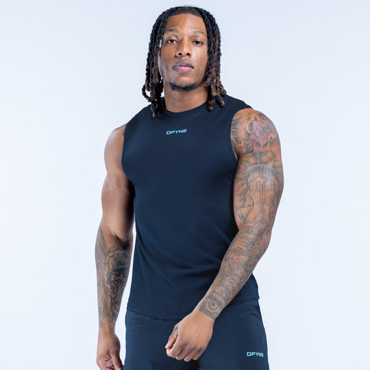 Dark navy sleeveless tank top, front view with DRYNE logo