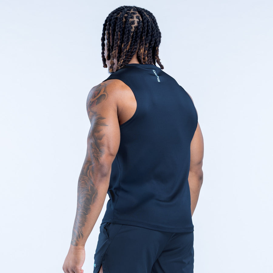 Dark navy sleeveless tank top, back view with small logo