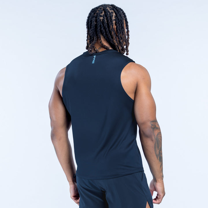 Dark navy sleeveless tank top, back view, tapered hem