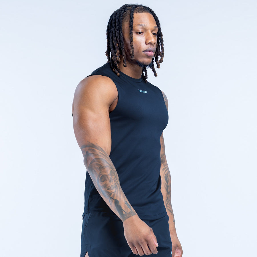 Dark navy sleeveless tank top, front view, crew neckline