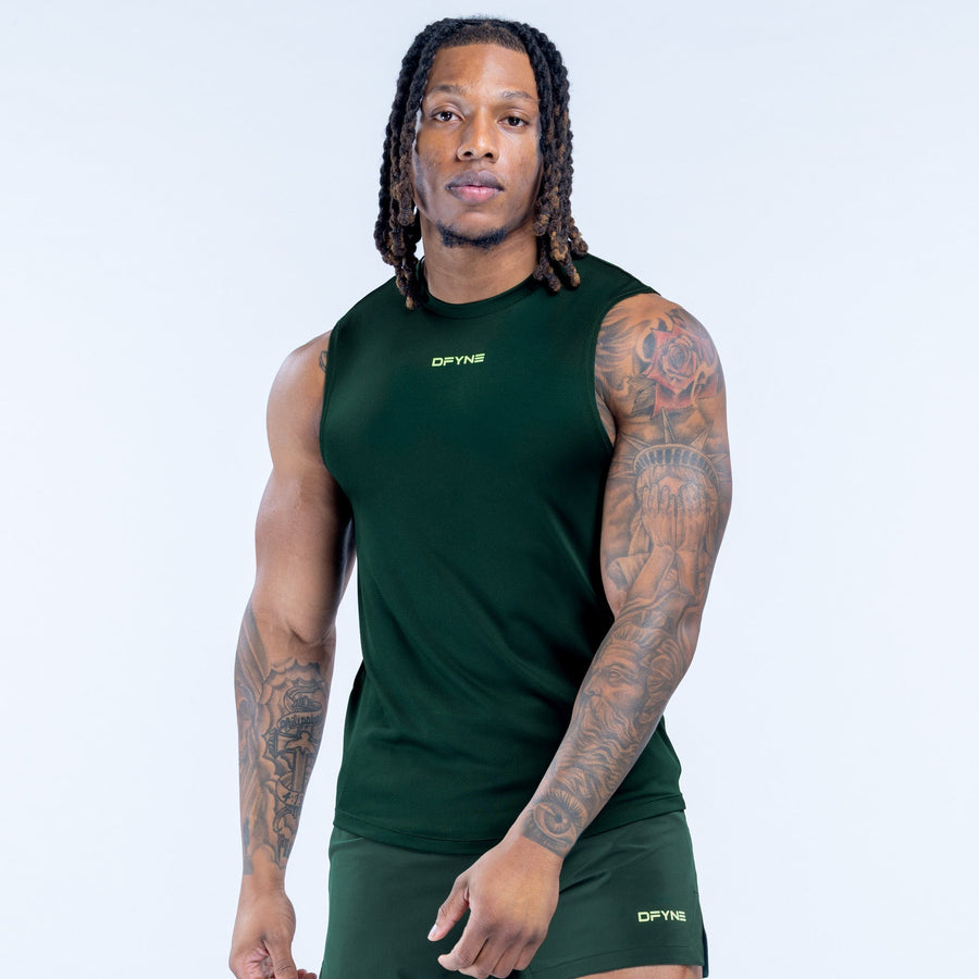 Dark green sleeveless tank top with crew neck, logo on hem
