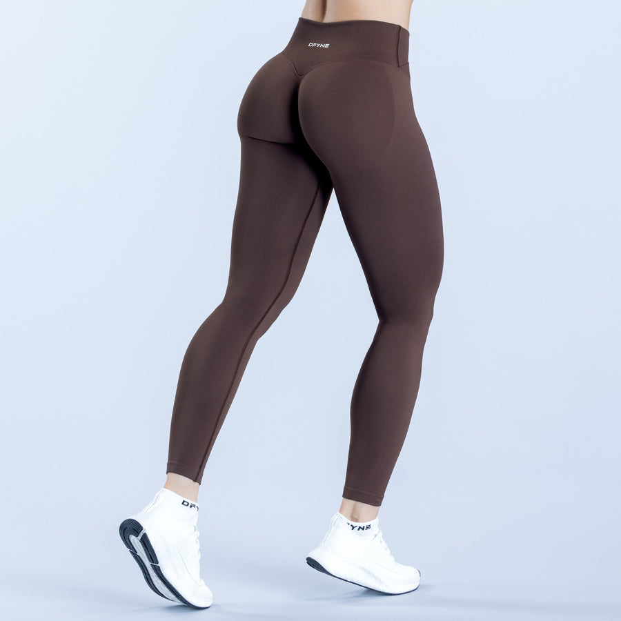 Brown back-view leggings, full-length with logo waistband, high-stretch fit