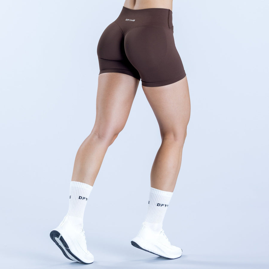 4.5-inch athletic shorts, dark brown, form-fitting with smooth front