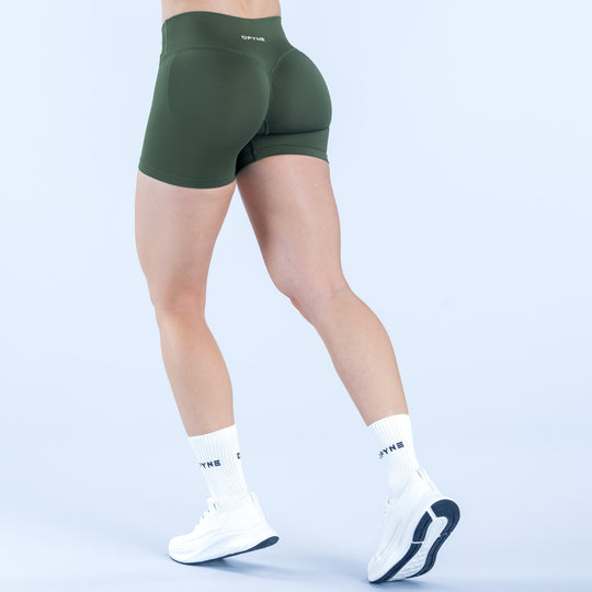 Dark green 4.5 in athletic shorts, back view, with small logo detail